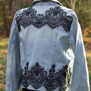 UPCYCLED Denim Jacket with Black Lace and Rhinestones